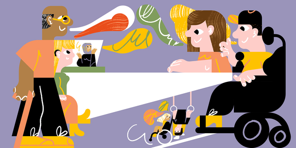 Illustratie van expertengroep die rond tafel zit om ideeën rond toegankelijkheid te bespreken. Waaronder een man met wandelstok, een vrouw met hoorapparaat, een jongeman in een rolstoel ...